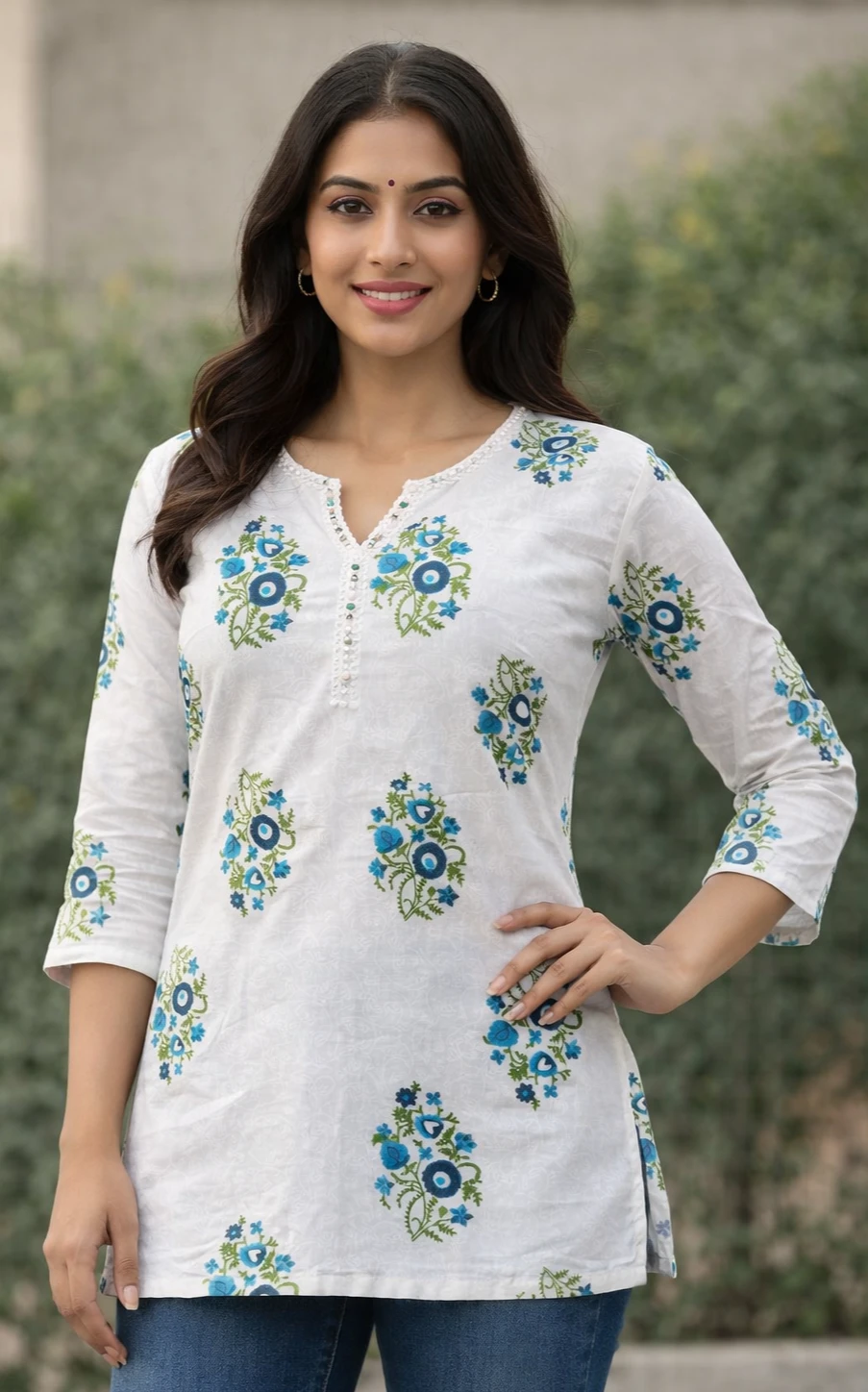 Women Cotton Printed Short Kurti (White & Blue)