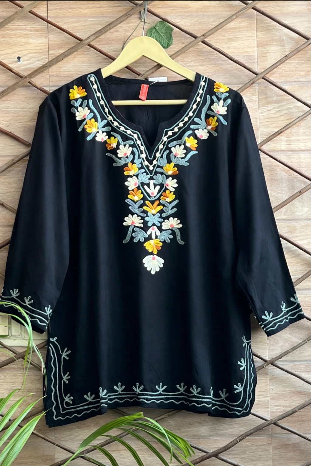 Women’s Black Embroidered Floral Kurti Top (3/4 Sleeve)