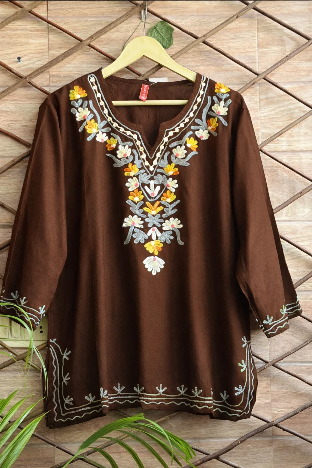 Women’s Brown Floral Embroidered Kurti Top (3/4 Sleeve)