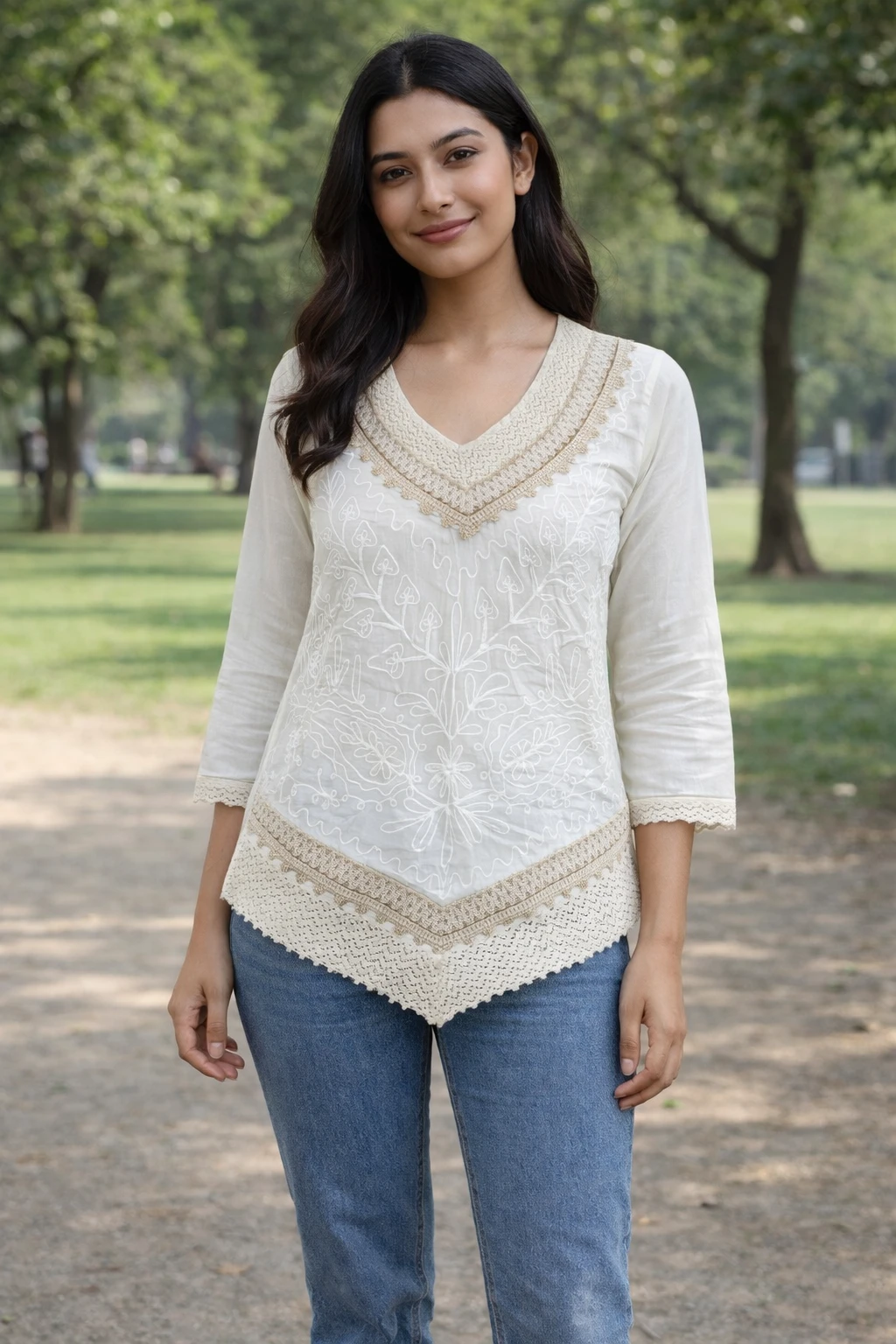 Women’s White Embroidered Kurti Top with Lace Detailing