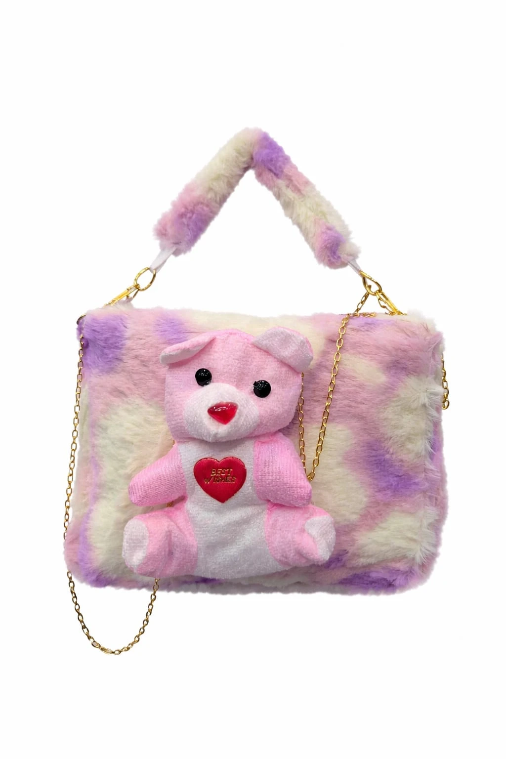 Cute Teddy Plush Shoulder Bag for Girls | Soft Fur Handbag with Chain Sling (Pink & Purple)