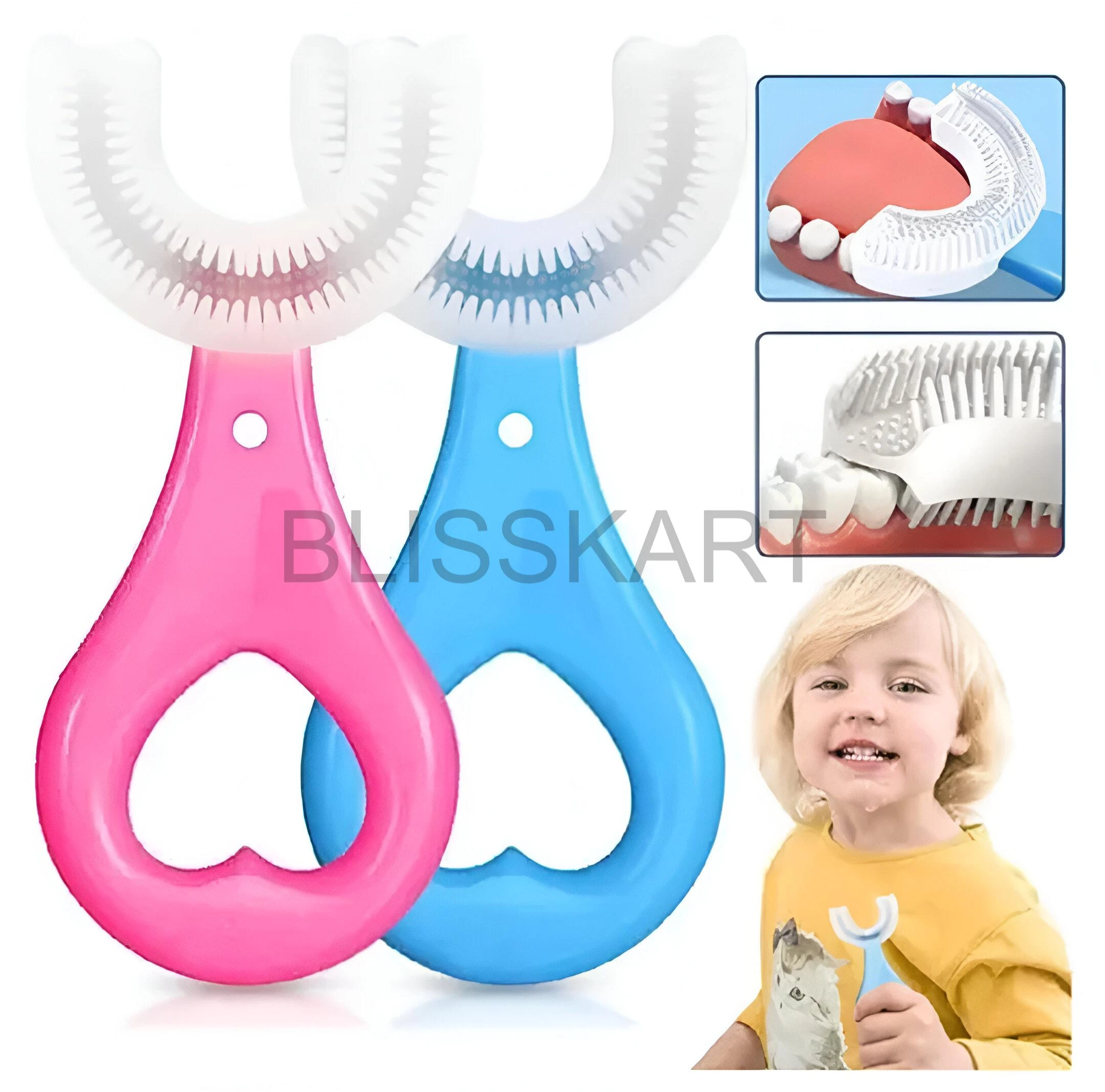 BLISSKART U-Shaped Silicone Baby Toothbrush | Soft 360° Oral Cleaner for Kids & Toddlers | Gentle Gum Massager for Dental Hygiene for baby (Pack of 2)