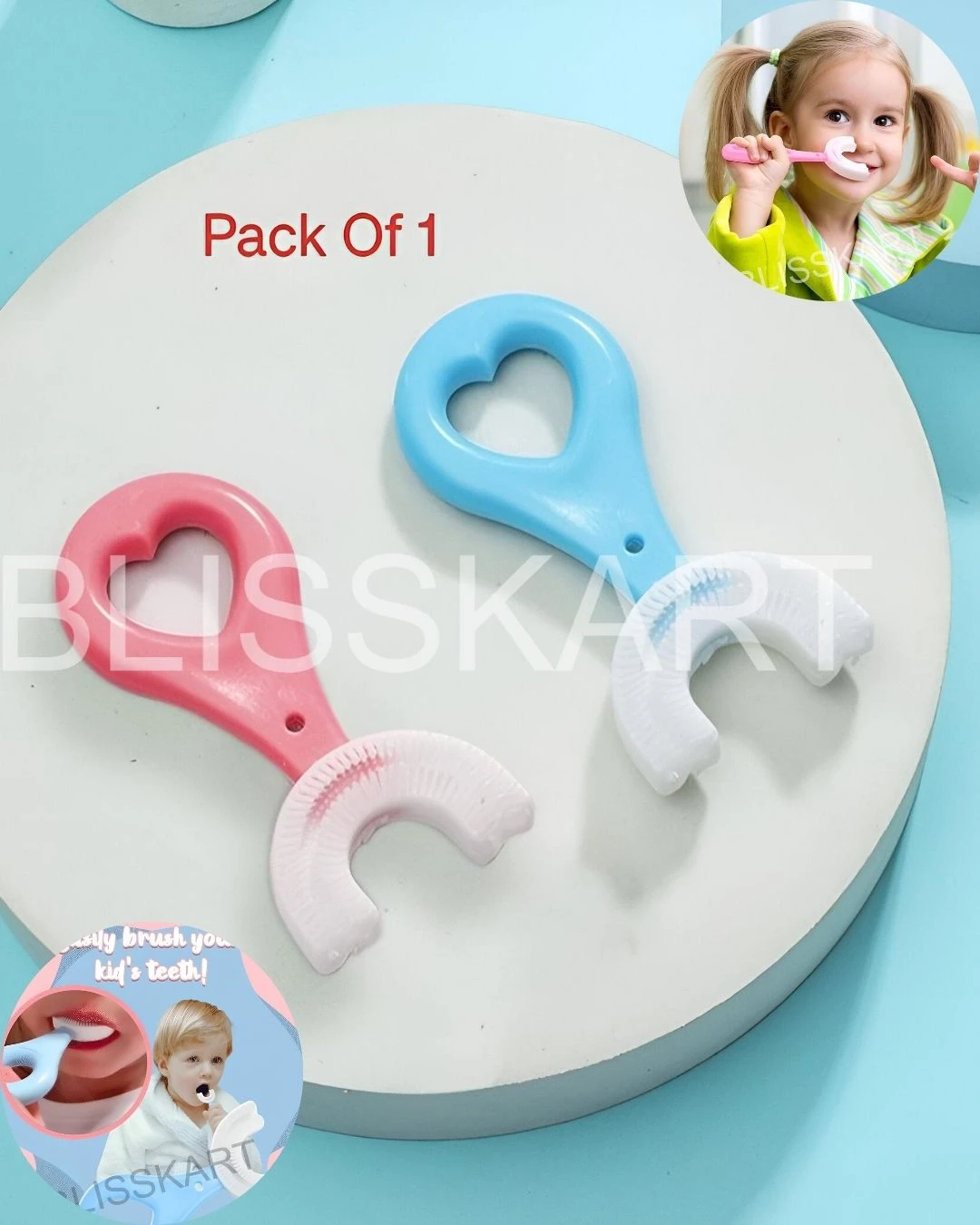 BLISSKART U-Shaped Silicone Baby Toothbrush | Soft 360° Oral Cleaner for Kids & Toddlers | Gentle Gum Massager for Dental Hygiene for baby (Pack of 2)