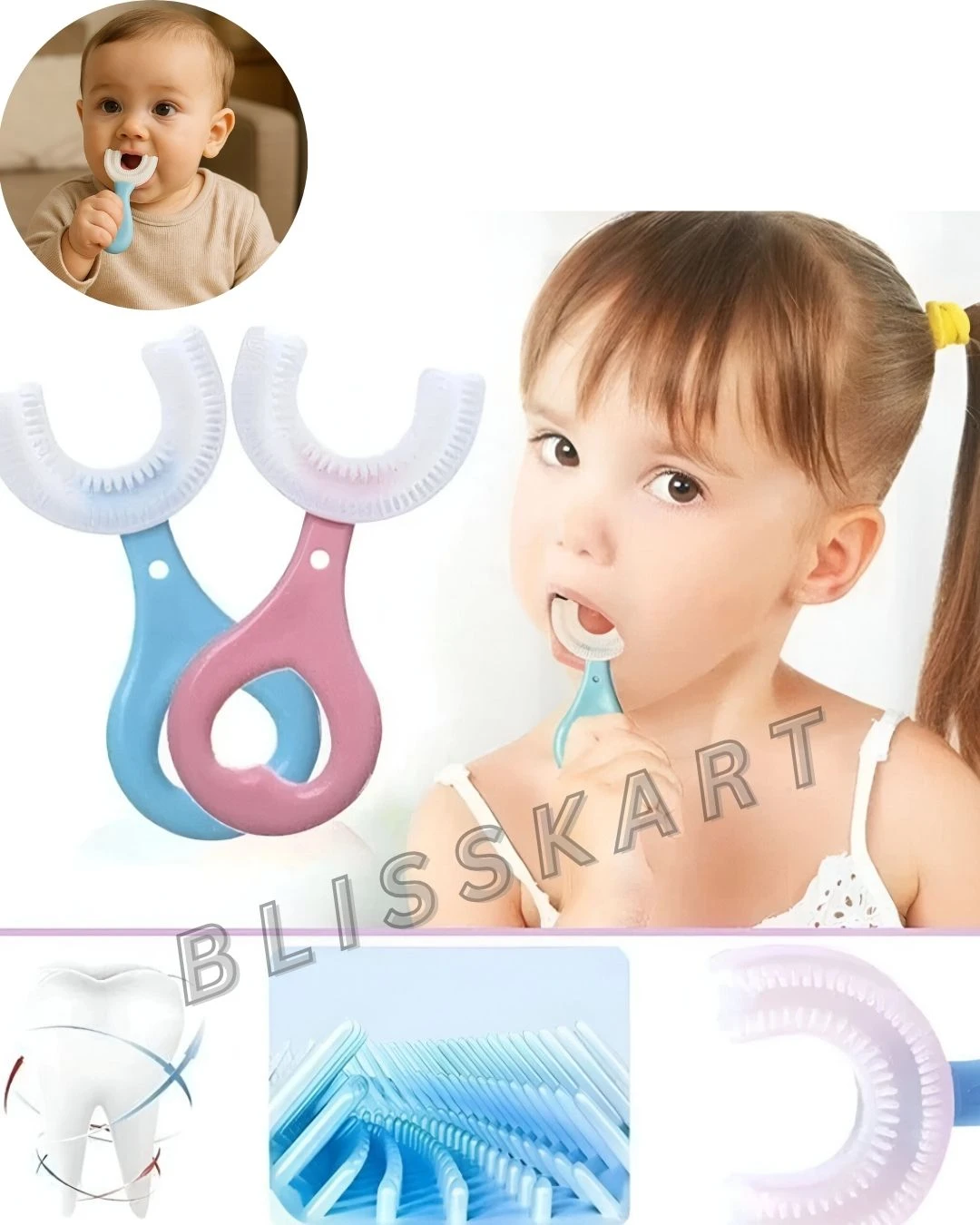 BLISSKART U-Shaped Silicone Baby Toothbrush | Soft 360° Oral Cleaner for Kids & Toddlers | Gentle Gum Massager for Dental Hygiene for baby (Pack of 2)