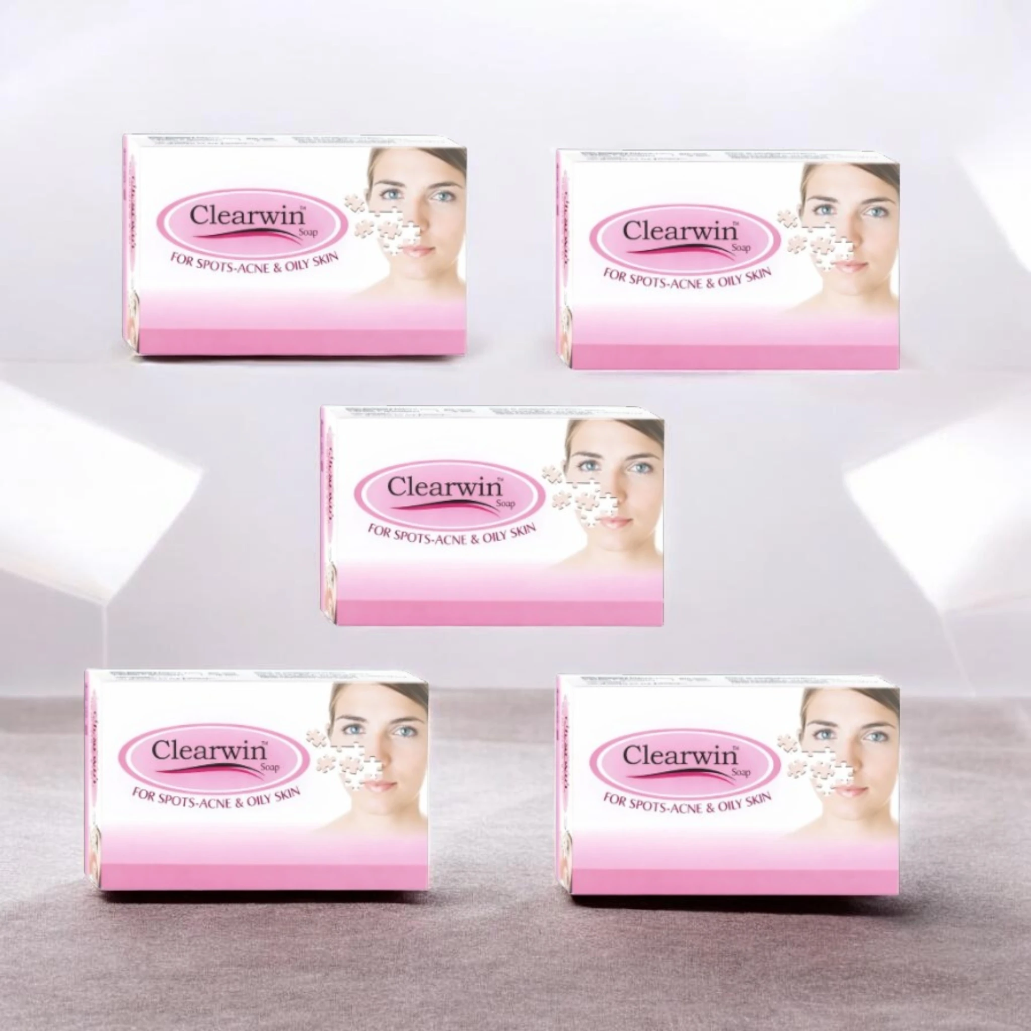 clearwin soap pack of 5 for spots and oily skin  vitamin E formula helps to reduce dark spots and acne. suitable for oily skins . prevents formation of acne.