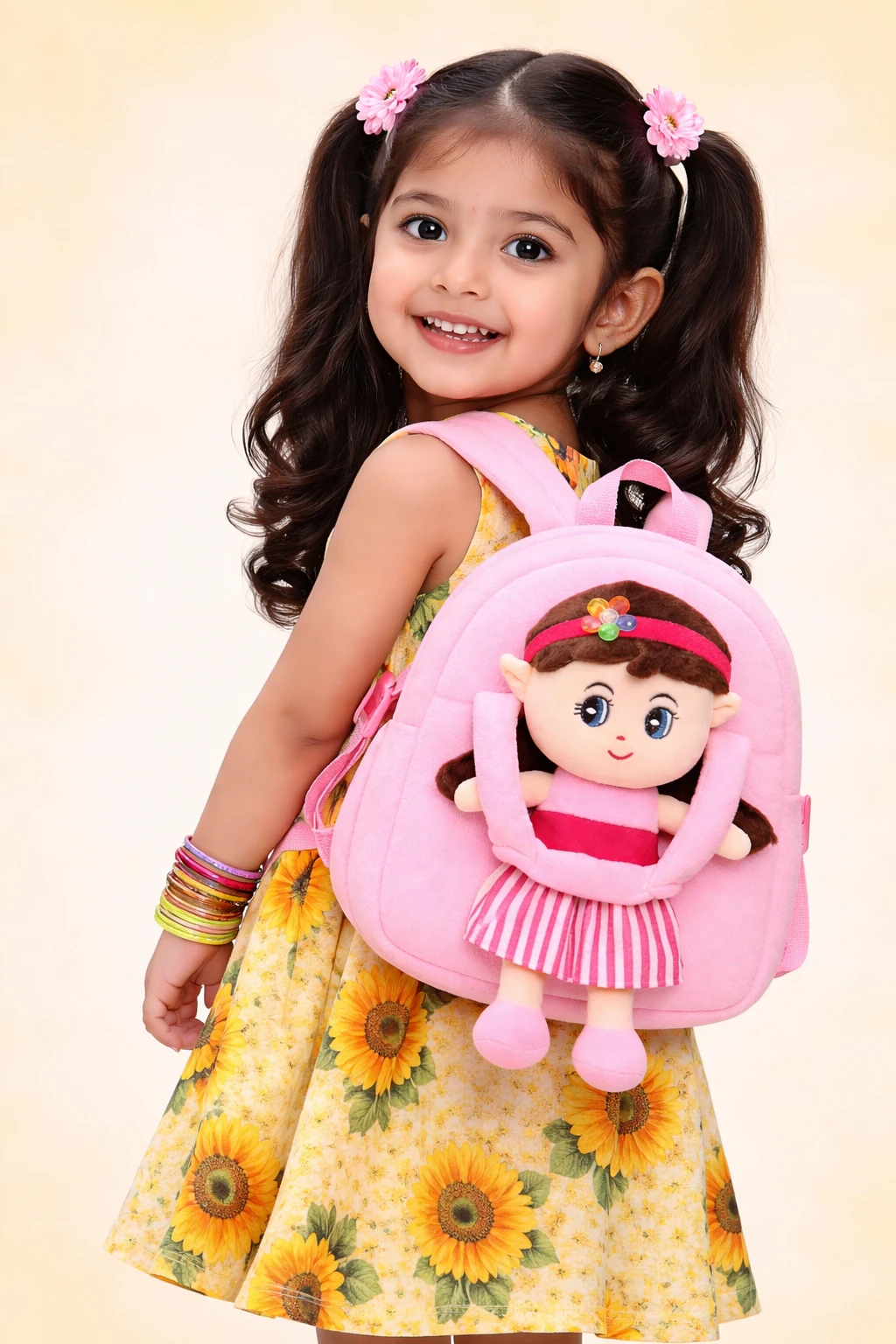 Cute Little Girl with Pink Backpack and Floral Dress Smiling