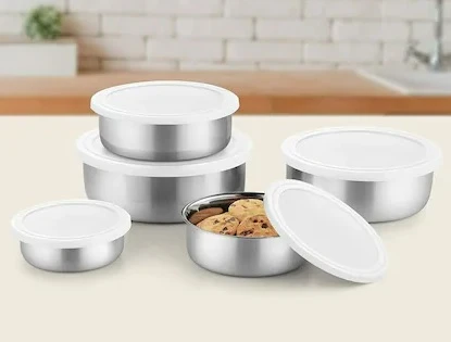 Jsh Enterprises Pack of 5 Steel Utility Container  - 200 ml, 350 ml, 600 ml, 850 ml, 1150 ml Silver