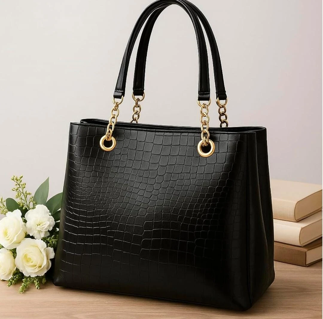 Women Stylish Crocodile Pattern Handbag with Gold Chain Strap | Premium Black Tote Bag for Office & Party