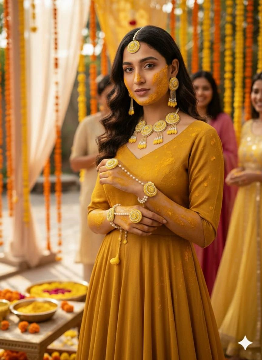 New yellow color trendy jewelery for haldi/ mehandi & baby shower/ Haldi mehndi set combo necklace, earings, mangtika, hathphul/ royal and beautiful set for haldi function