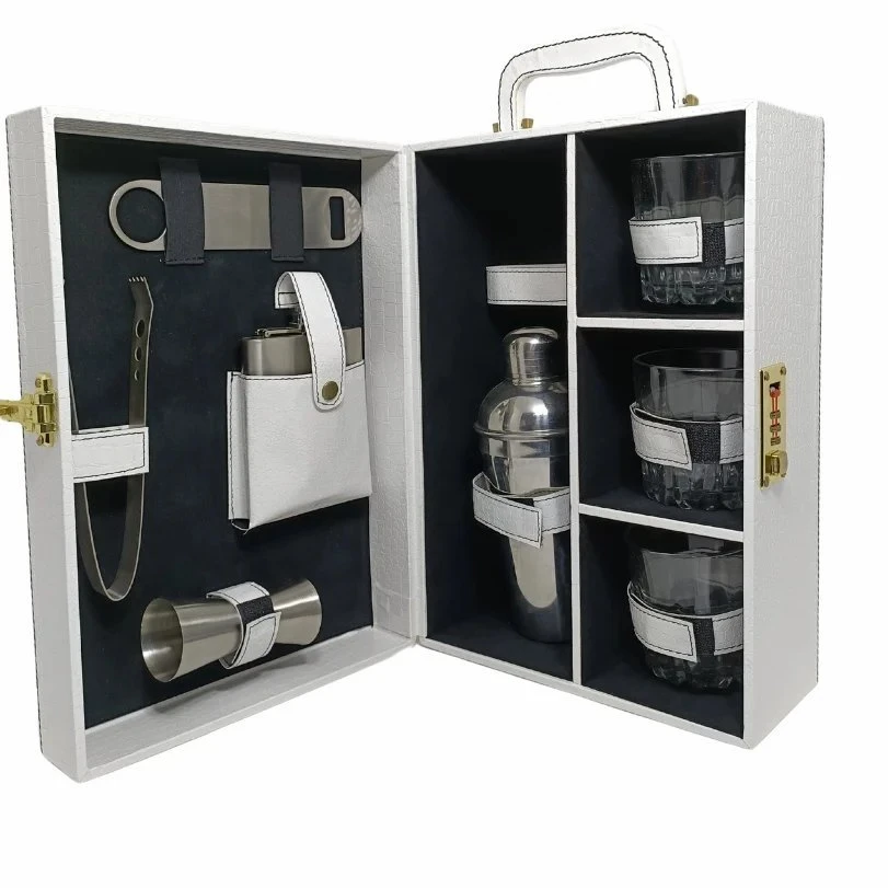 3 GLASS WINE BOX Premium White Croc-Finish Travel Bar Kit – 9 Piece Professional Portable Bar Set with Combination Lock