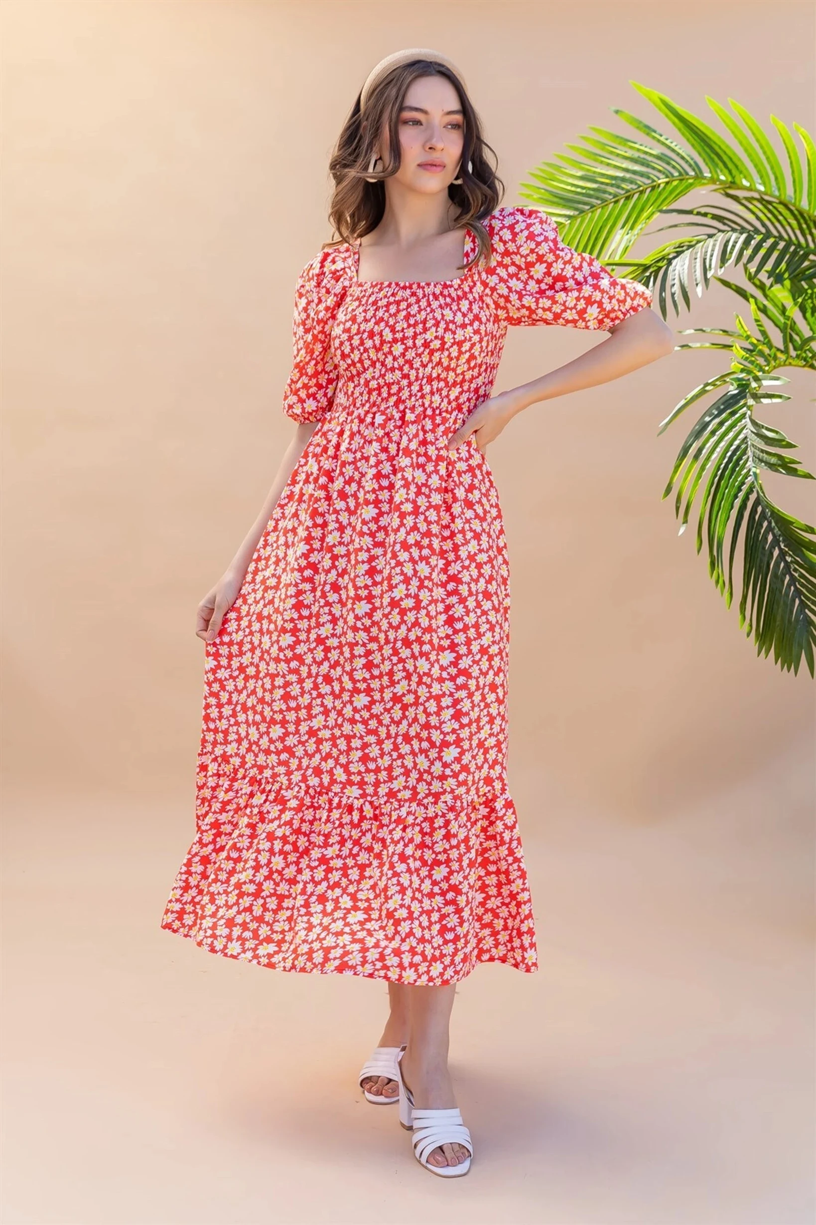 Women Floral Printed Red Midi Dress | Puff Sleeve Summer Dress