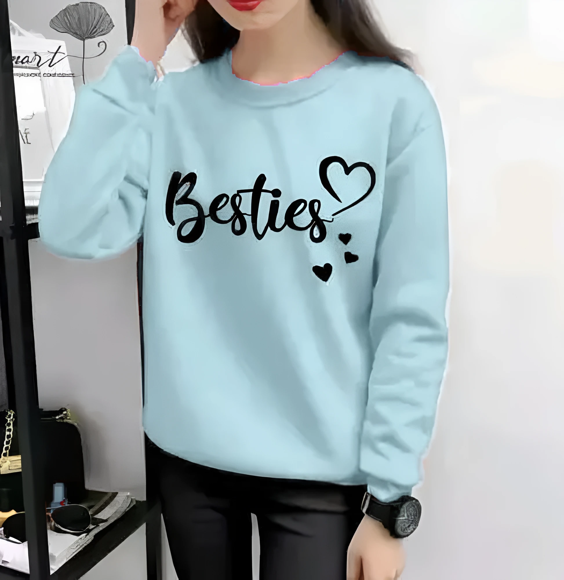 Women’s Sky Blue "Besties" Graphic Sweatshirt – Casual Round Neck Full Sleeve Pullover