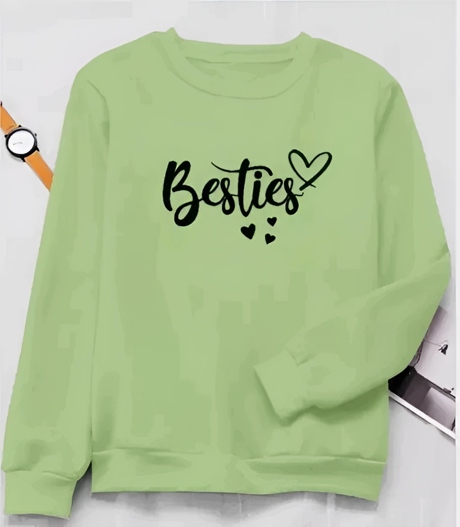 Title: Stylish Green "Besties" Print Sweatshirt for Women & Girls