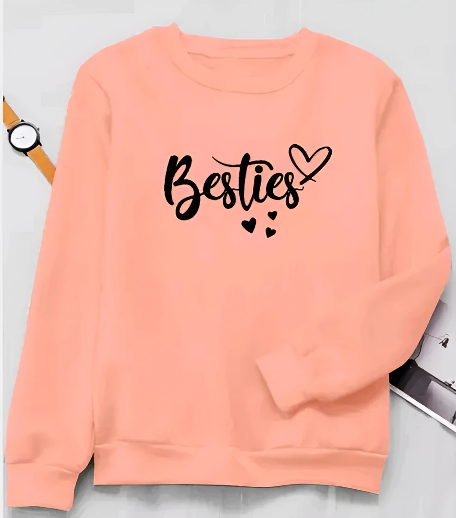 Title: Stylish  peach "Besties" Print Sweatshirt for Women & Girls