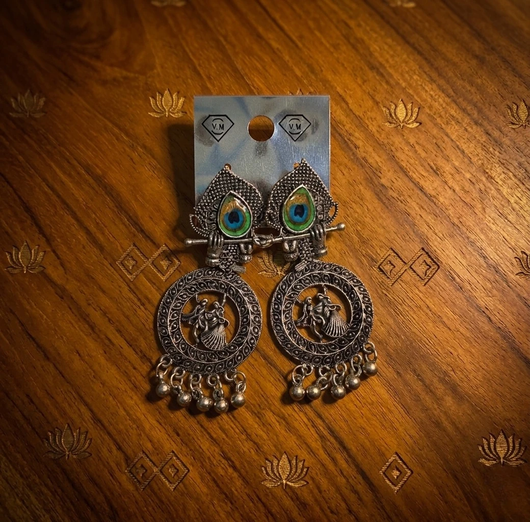 Blisskart Stylish Silver Oxidised Mor Pankh Bansuri Earrings | Religious Krishna Leela Design Jhumkas for Girls ( 1-pair )