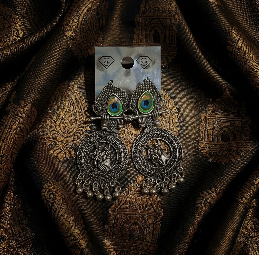 Blisskart Stylish Silver Oxidised Mor Pankh Bansuri Earrings | Religious Krishna Leela Design Jhumkas for Girls ( 1-pair )