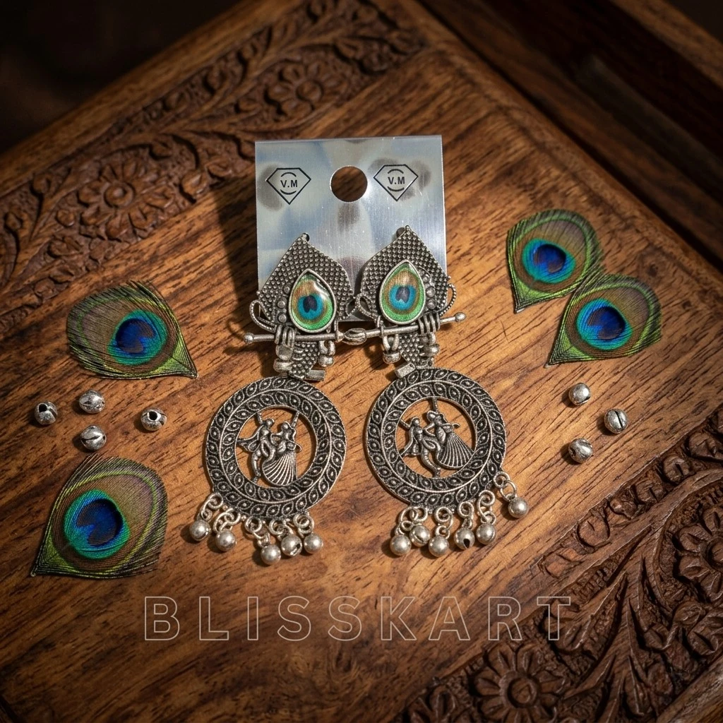Blisskart Stylish Silver Oxidised Mor Pankh Bansuri Earrings | Religious Krishna Leela Design Jhumkas for Girls ( 1-pair )