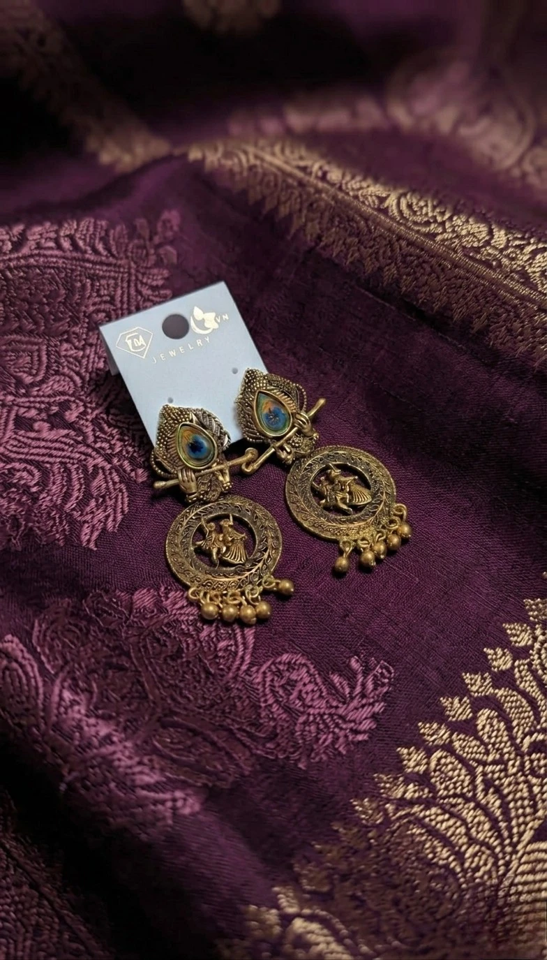 Blisskart Stylish Gold Oxidised Mor Pankh Bansuri Earrings | Religious Krishna Leela Design Jhumkas for Girls ( 1-pair )