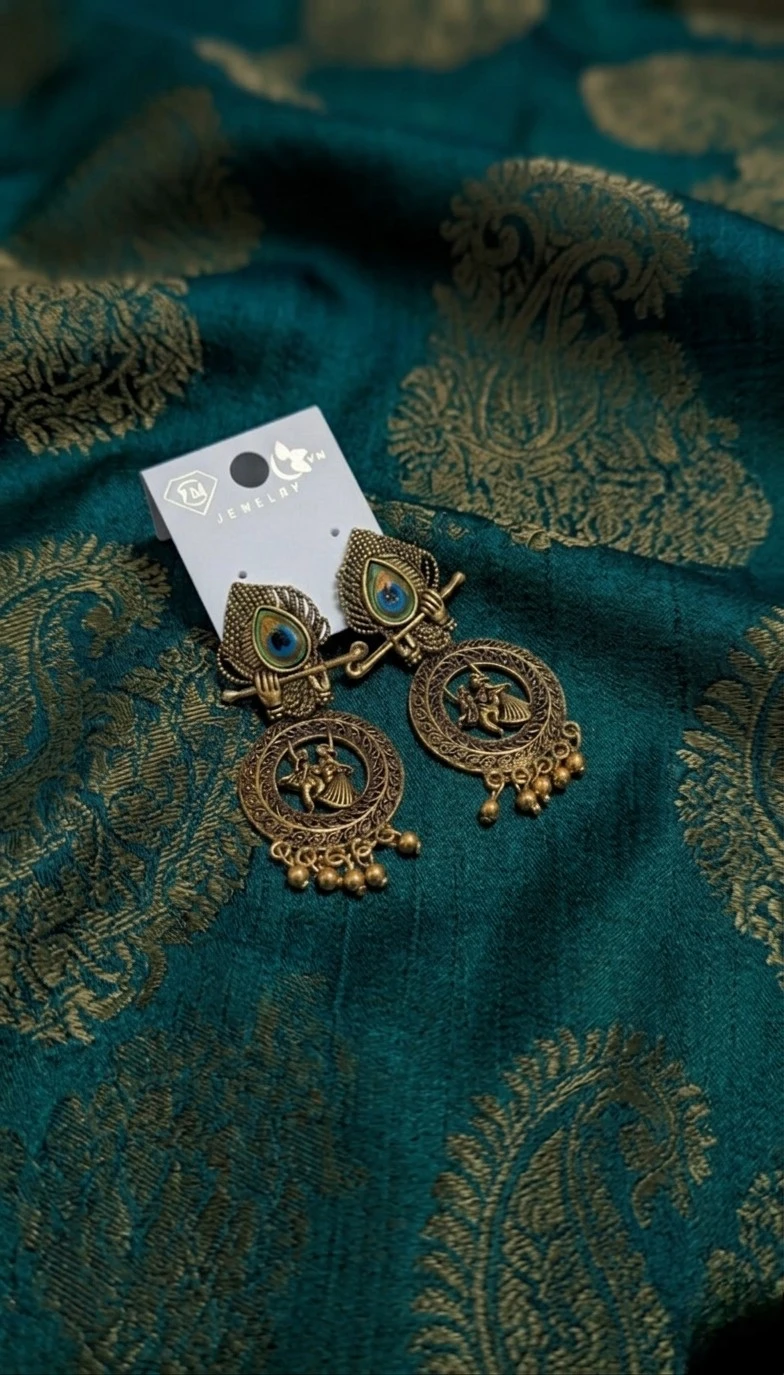 Blisskart Stylish Gold Oxidised Mor Pankh Bansuri Earrings | Religious Krishna Leela Design Jhumkas for Girls ( 1-pair )