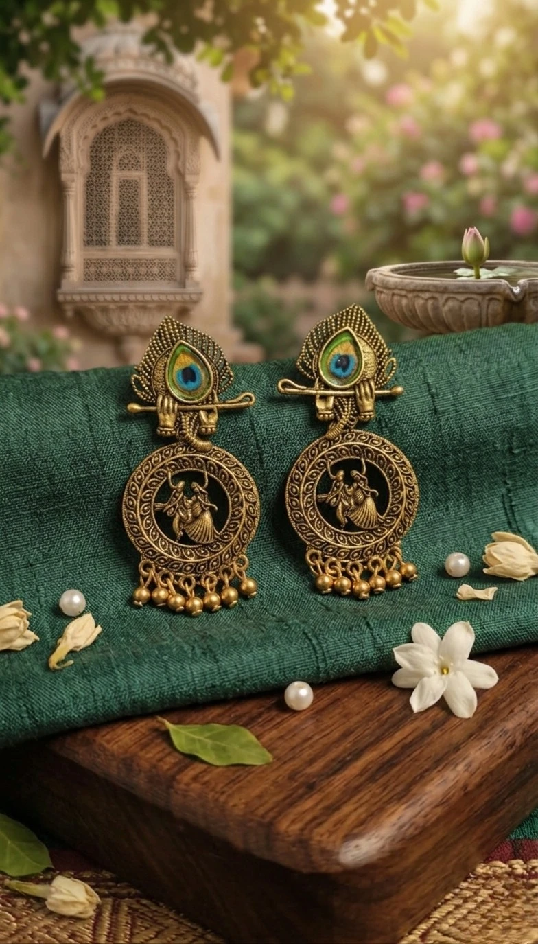 Blisskart Stylish Gold Oxidised Mor Pankh Bansuri Earrings | Religious Krishna Leela Design Jhumkas for Girls ( 1-pair )
