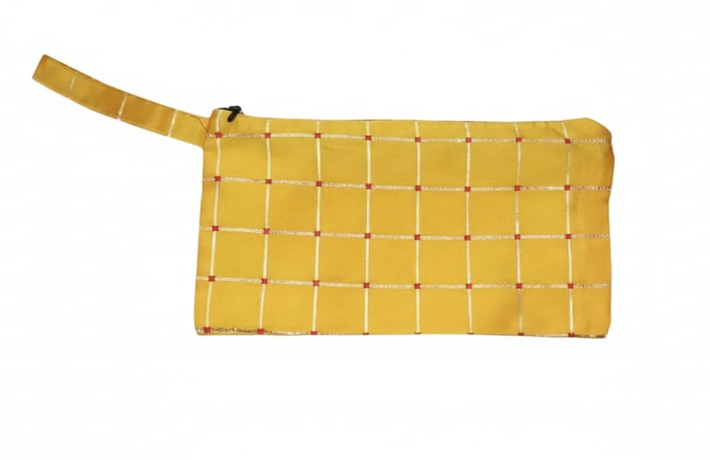 My God Gift Silk Canvas Wristlet Zipper Pouch with Red & White Stitched Grid Design (Size 9 X 5 Inches)