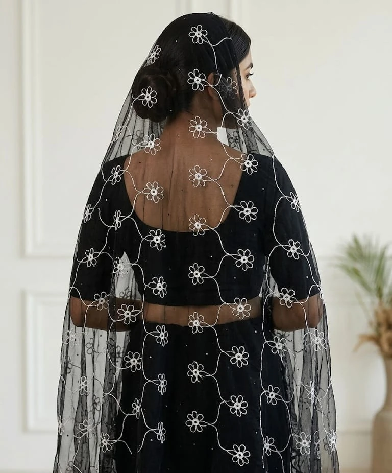 Women & Girls Black Floral Embroidered Organza Dupatta for Festive & Party Wear