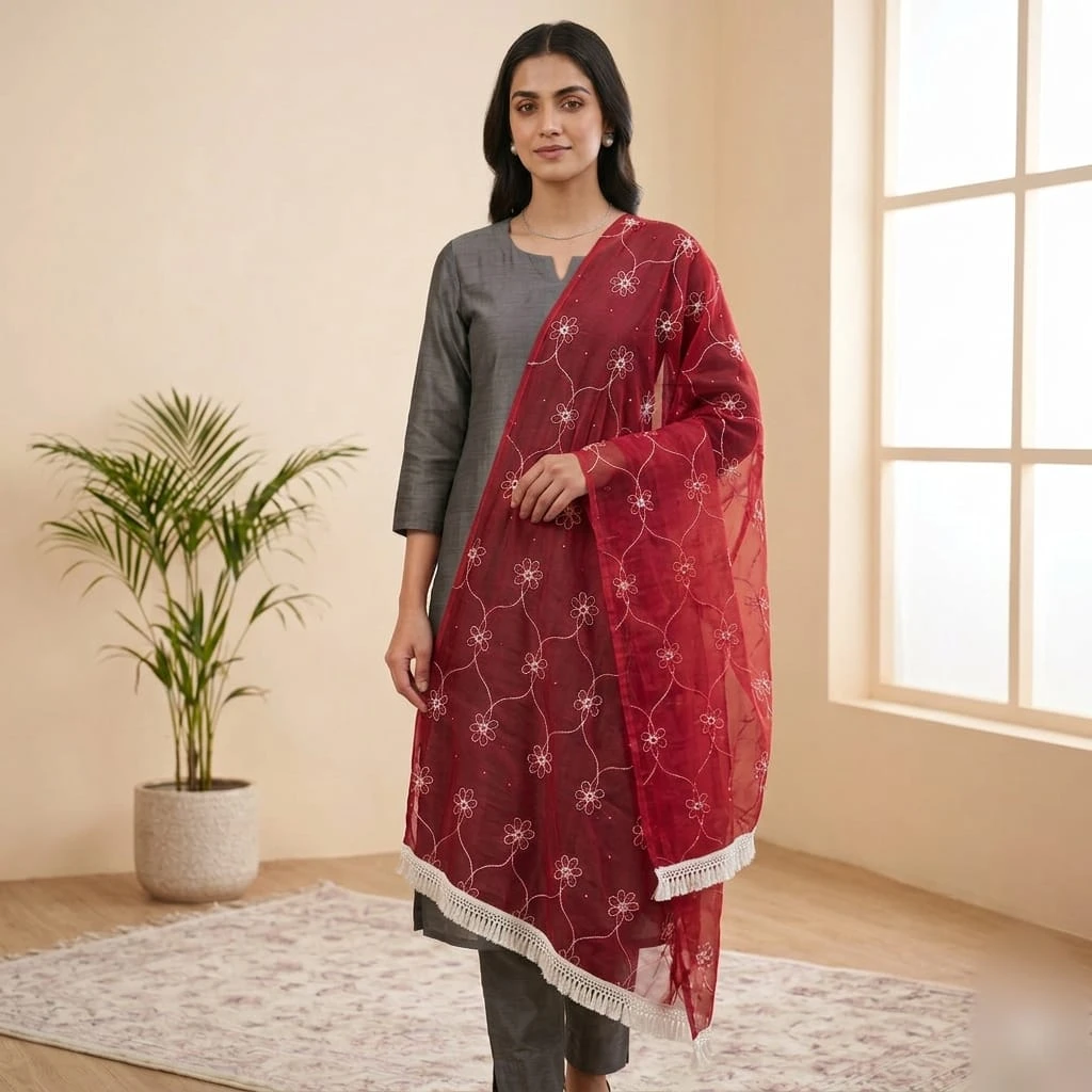 Women & Girls Red Floral Embroidered Organza Dupatta for Festive & Party Wear