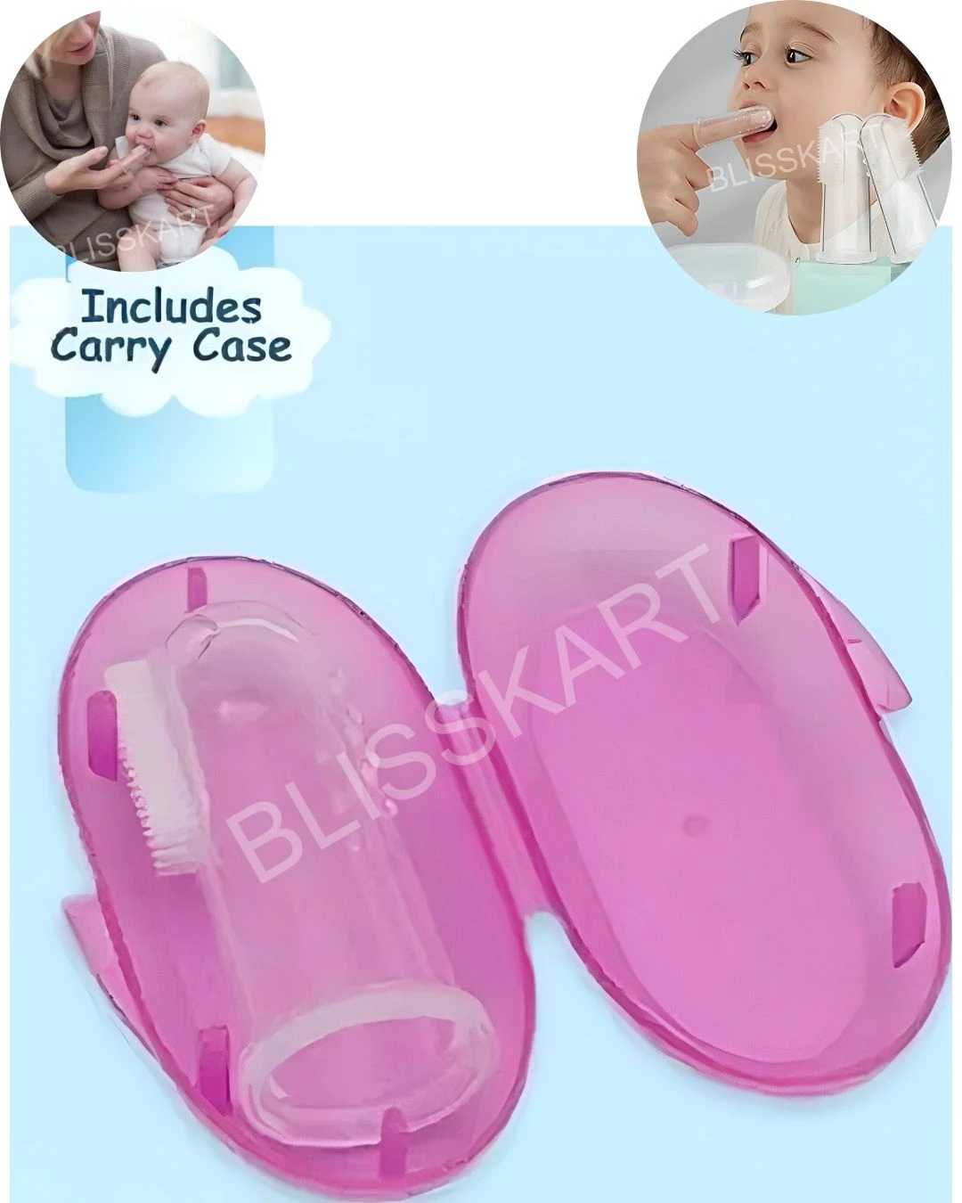 BlissKart Baby Silicone Toothbrush,baby tongue cleaner,Transparent Silicone Finger Brush for Baby Teething,Best silicone baby finger brush,bacho ka toothbrush, Gentle & Effective Oral Care for Your Little One PACK OF 1(with case cover )