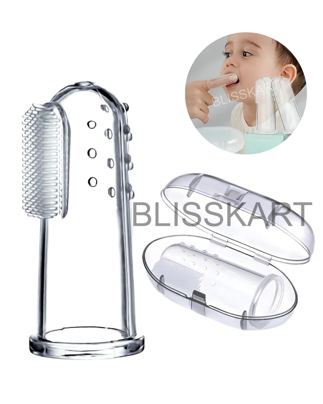 BlissKart Baby Silicone Toothbrush,baby tongue cleaner,Transparent Silicone Finger Brush for Baby Teething,Best silicone baby finger brush,bacho ka toothbrush, Gentle & Effective Oral Care for Your Little One PACK OF 1(with case cover )