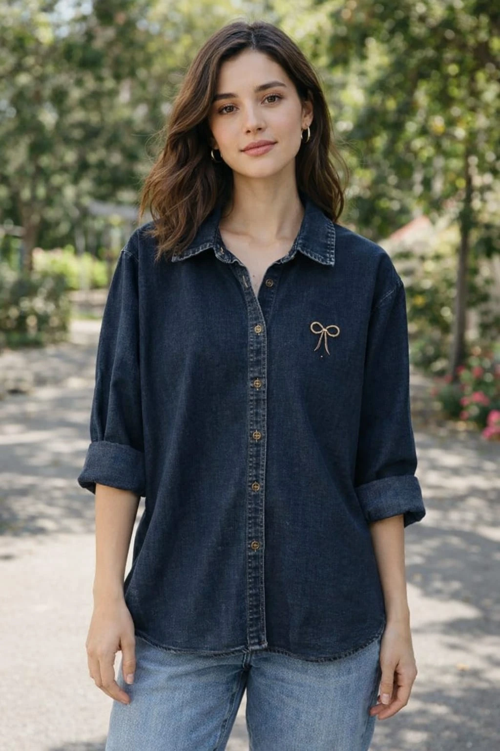 Women’s  Denim Shirt with Minimal Bow Embroidery