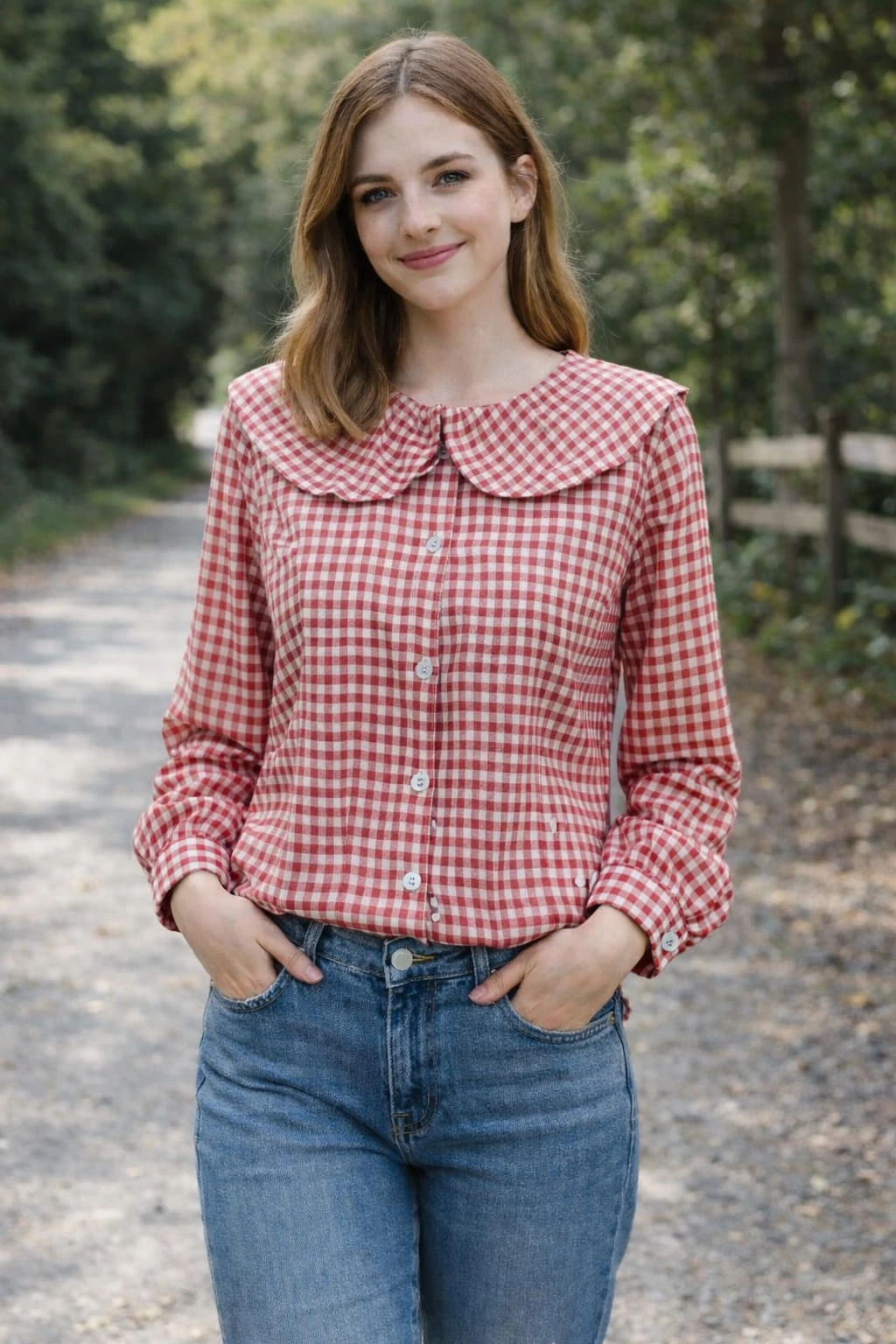 Women’s  Gingham Check Shirt with Peter Pan Collar