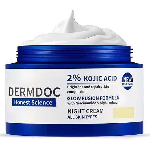 DERMDOC 2% Kojic Acid Night Cream 25g  With Niacinamide & Alpha Arbutin Face Moisturizer For Glowing & Brightening Skin  Reduces Dark Spots & Pigmentation  Minimizes Pores | Anti Aging