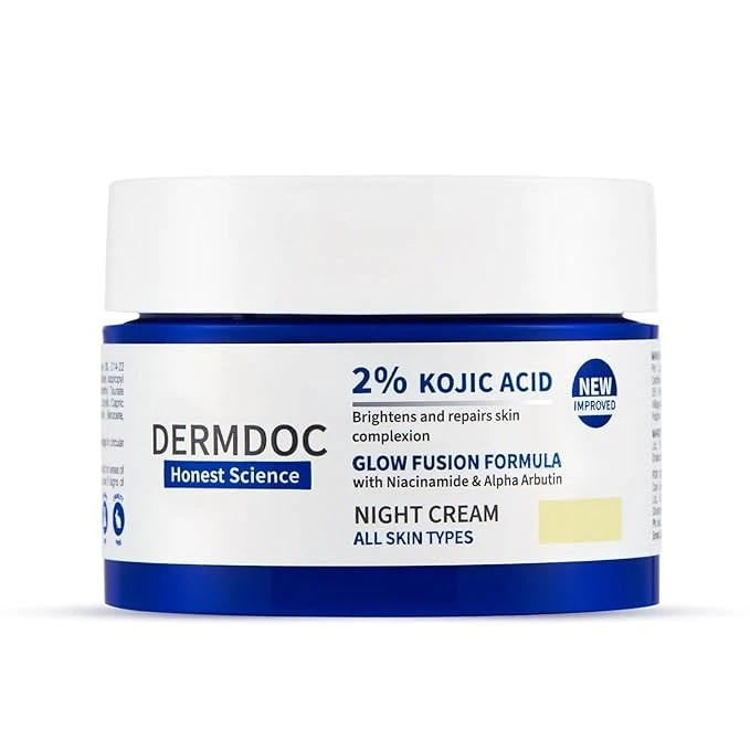 DERMDOC 2% Kojic Acid Glow Fusion Formula Night Cream, 50gm | Niacinamide & Alpha Arbutin | Skin Brightening Face Cream | Reduces Dark Spots & Pigmentation | Even & Glowing Skin