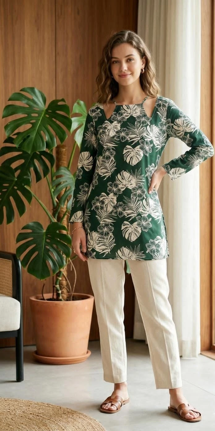 -Elegant Green Floral Printed Kurti