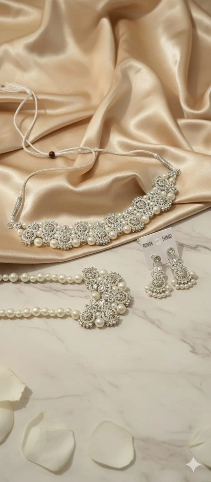 silver pearl Designer choker Necklace set with Earrings