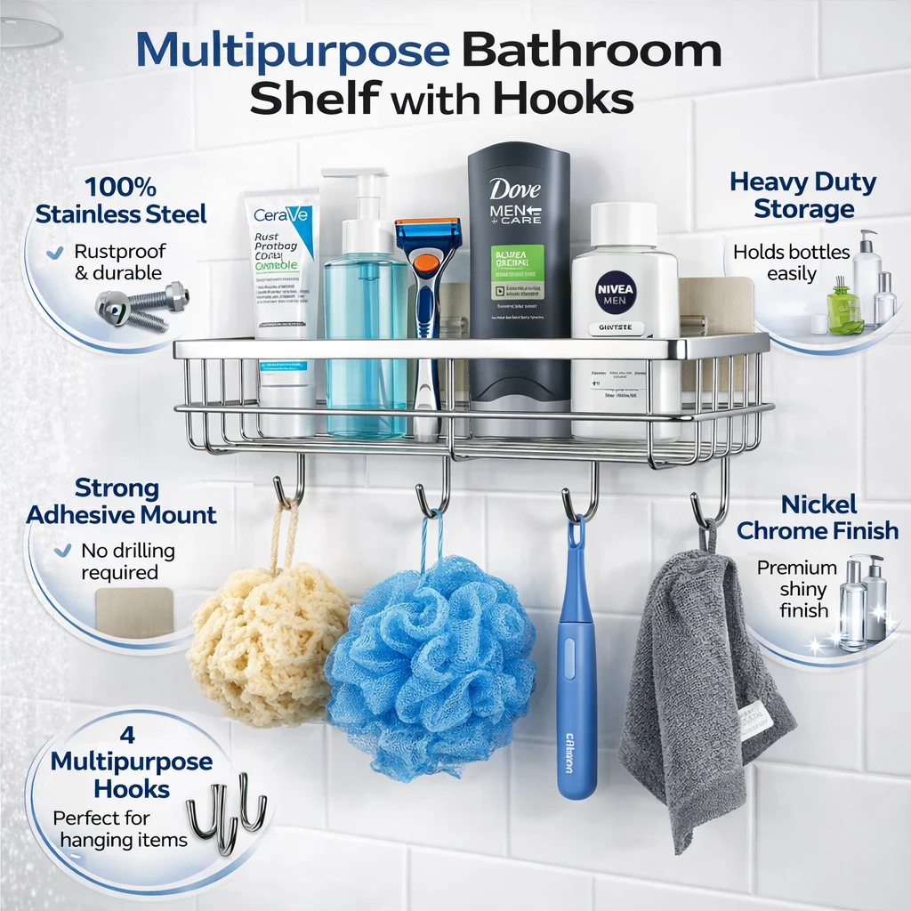 Multipurpose Stainless Steel Bathroom Shelf with Hooks | Wall Mounted Shower Caddy | Adhesive Bathroom Organizer Rack | Rustproof Storage Shelf for Shampoo, Soap & Accessories| Bathroom Shelf