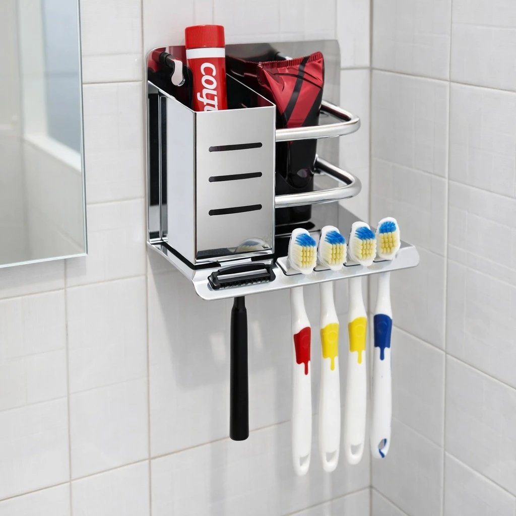 Modern Stainless Steel Toothbrush Holder | Multipurpose Bathroom Tumbler Organizer (Silver-pack of 1)