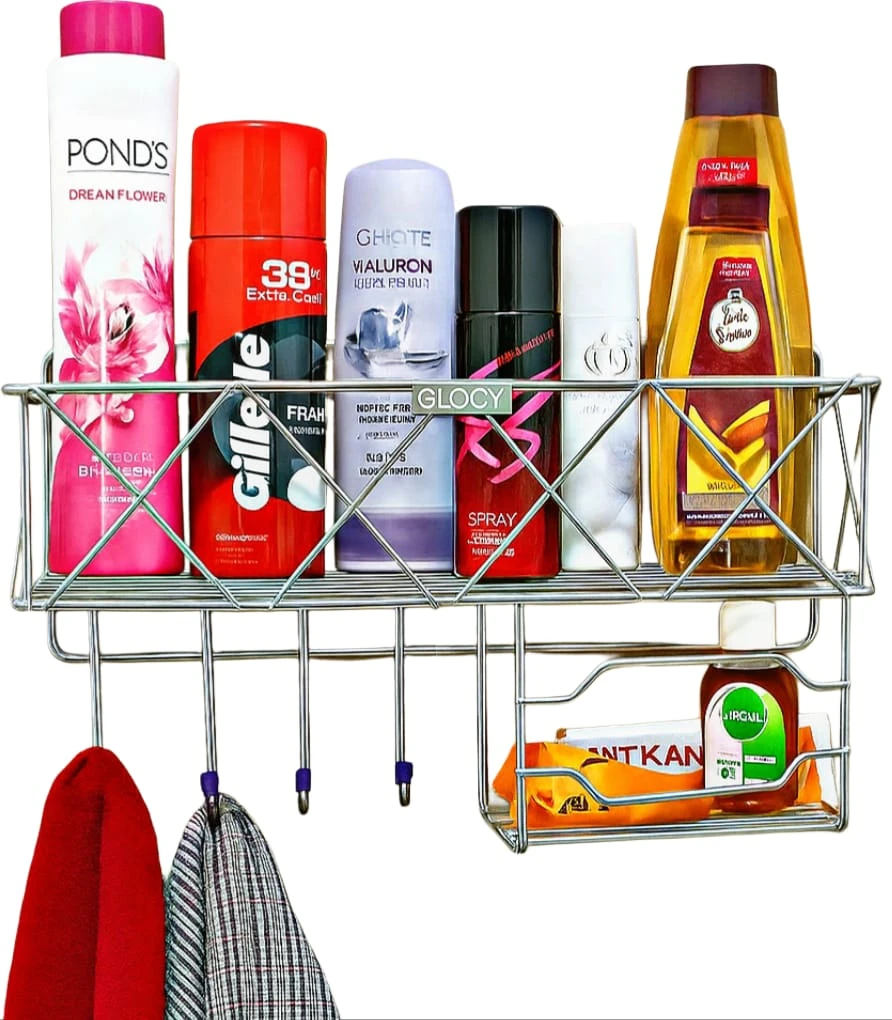 Kitchen Storage Rack, Stainless Steel Bathroom Shelf Organizer with 4 Hooks, Wall-Mounted Towel Holder & Soap