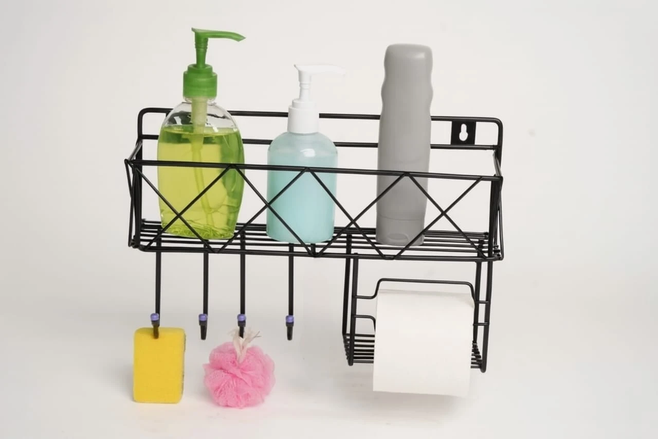 Wall Rack with Towel Hanger & Hooks Rack for Shampoo, Soap, Perfumes & Towels