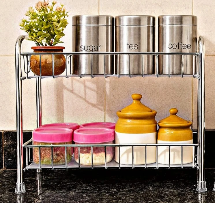 2 tier kitchen rack, stainless steel rack, kitchen organizer, countertop shelf, spice rack, storage stand, chrome finish, kitchen storage, utensil holder, multipurpose rack