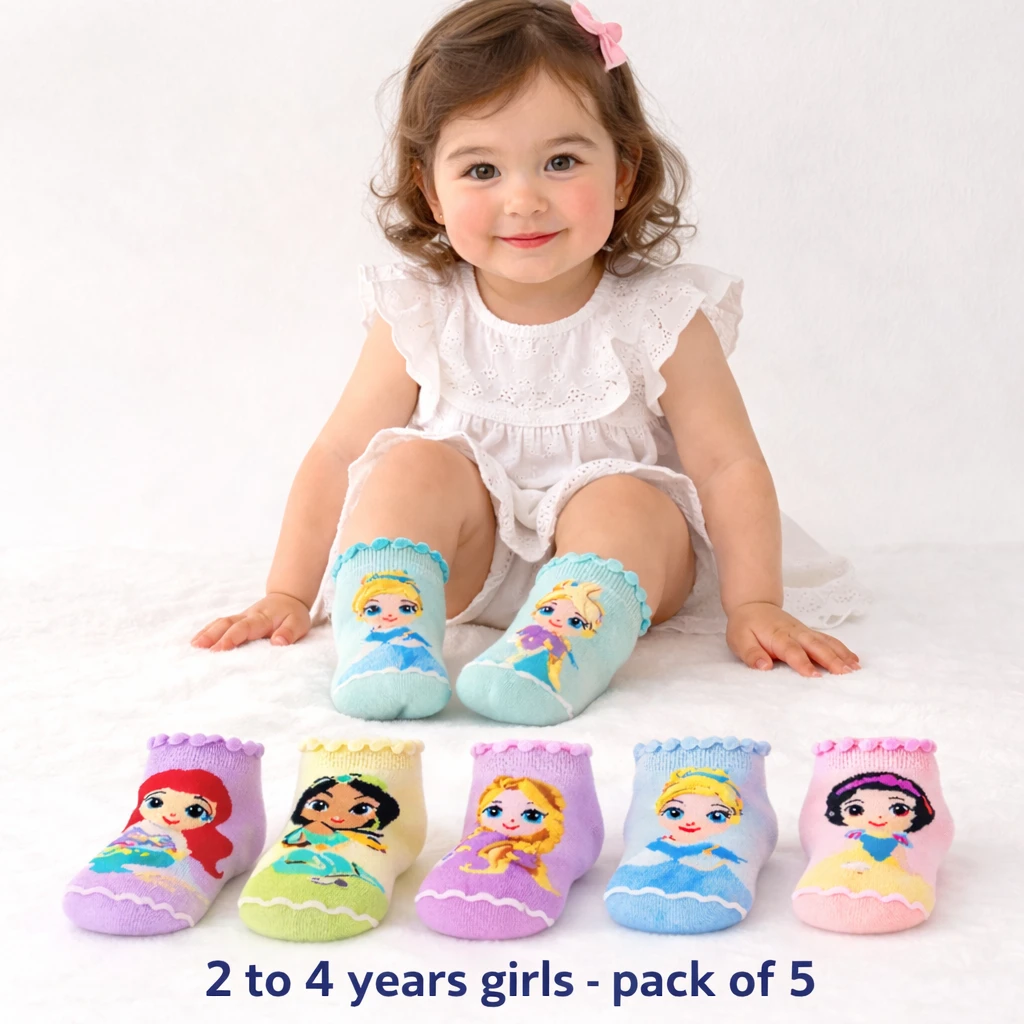 BCD Girls Socks Multicolor Pack of 5 Kids Socks Combo Ankle Length Printed Socks Girls Cute Socks for Baby Girl Stylish Trendy Kids Socks Socks for 2 3 4 Year Girl Toddler Socks 2–4 Year Cotton Soft Breathable Stretchable Comfortable Cartoon Princess Cute