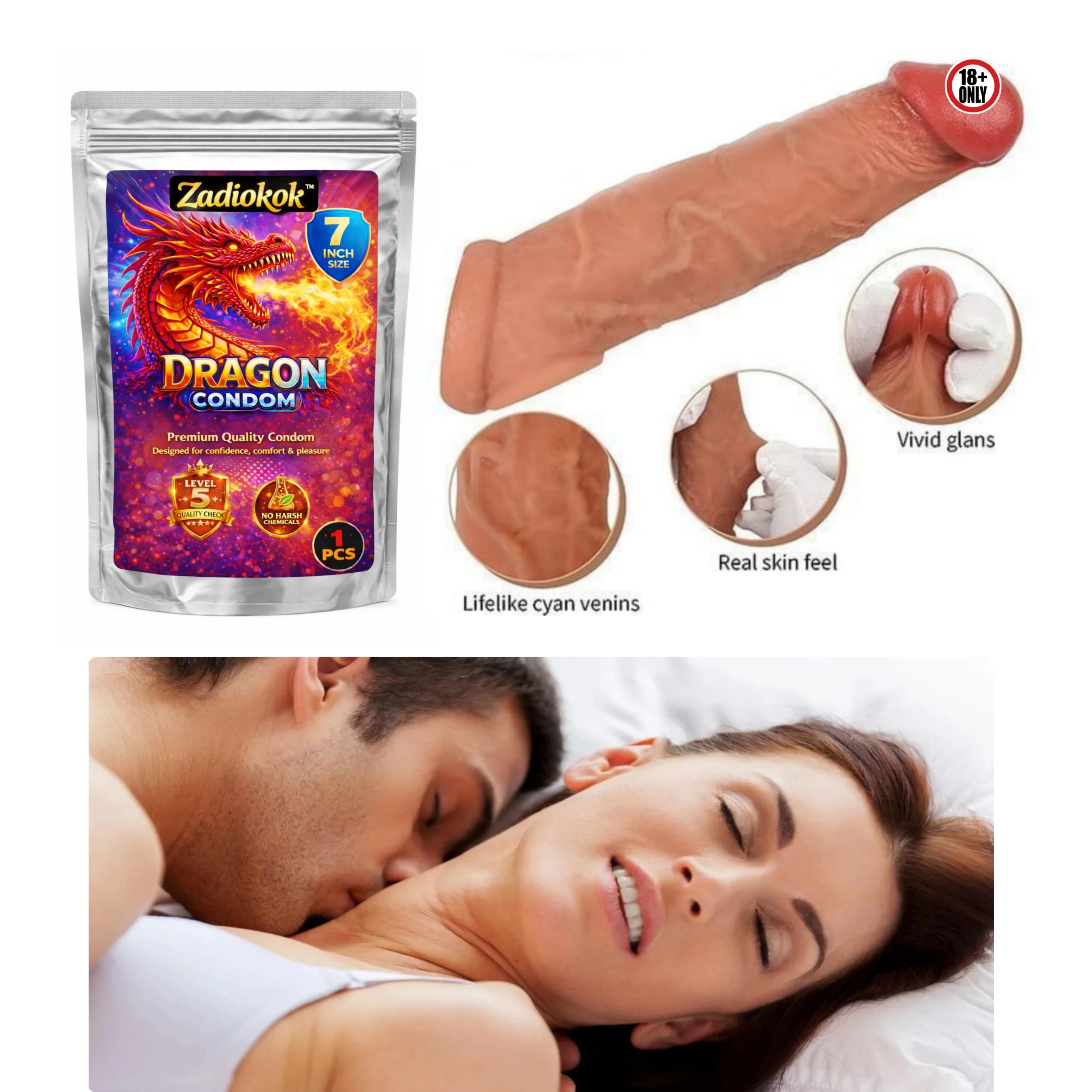 Zadiokok Dragon Condom 7 Inch Reusable Premium Quality for Ultimate Pleasure Smooth & Safe (1 Piece)