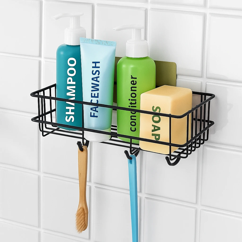 black Bathroom Organiser ," Stylish Bathroom Organiser ," Adhesive Bathroom Shelf Organiser ,"Multipurpose Shelf Storage with Adhesive stickers