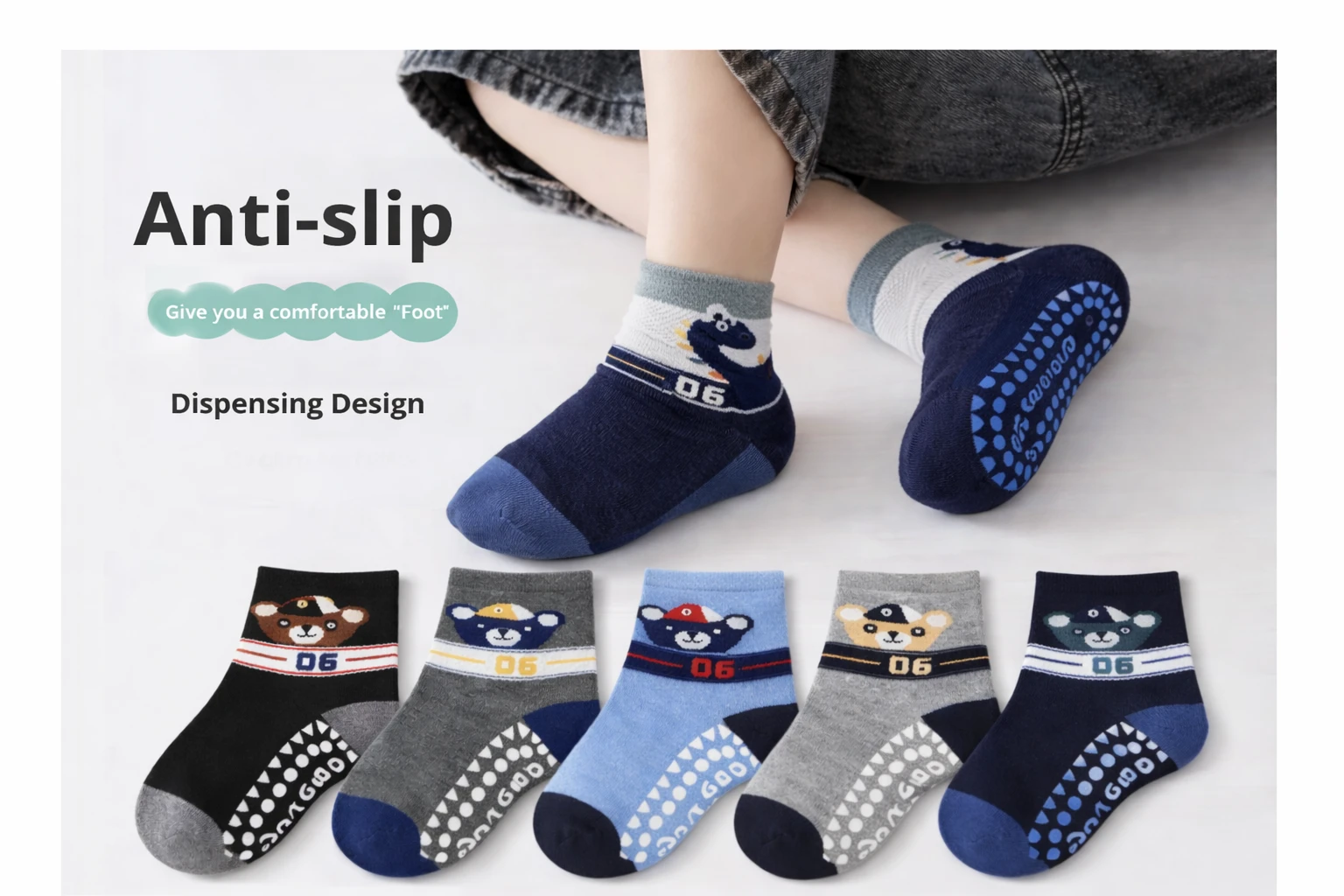 BCD   Kids Anti-Skid Non Slip Socks Cotton Ankle Grip Socks with  Sole, Breathable Cartoon Design for Boys & Girls 5-7 Years, Pack of 5 Multicolor GUDDA