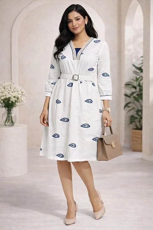 Women’s Printed A-Line Kurta Dress with Belt | Elegant Casual Midi Dress for Women