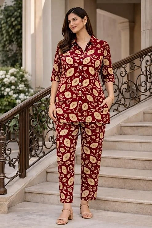 Women Printed Co-Ord Set | Leaf Print Shirt Top with Pant Set | Casual Cotton Co-Ord Set for Women | Stylish Office Wear Outfit