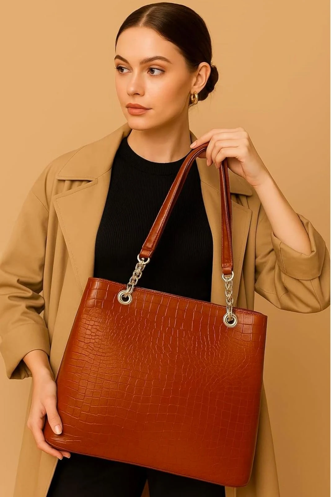 Premium Croco Texture Women Handbag | Stylish Shoulder Tote Bag for Office, College & Daily Use (Tan Brown)