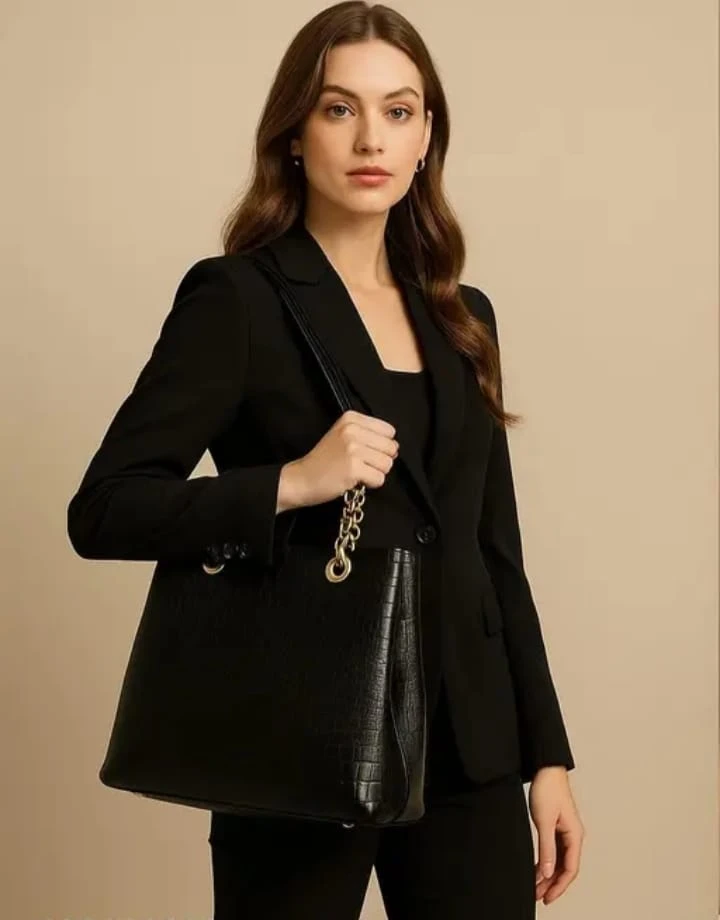 Women Elegant Crocodile Pattern Tote Handbag with Gold Chain Strap Office Shoulder Bag