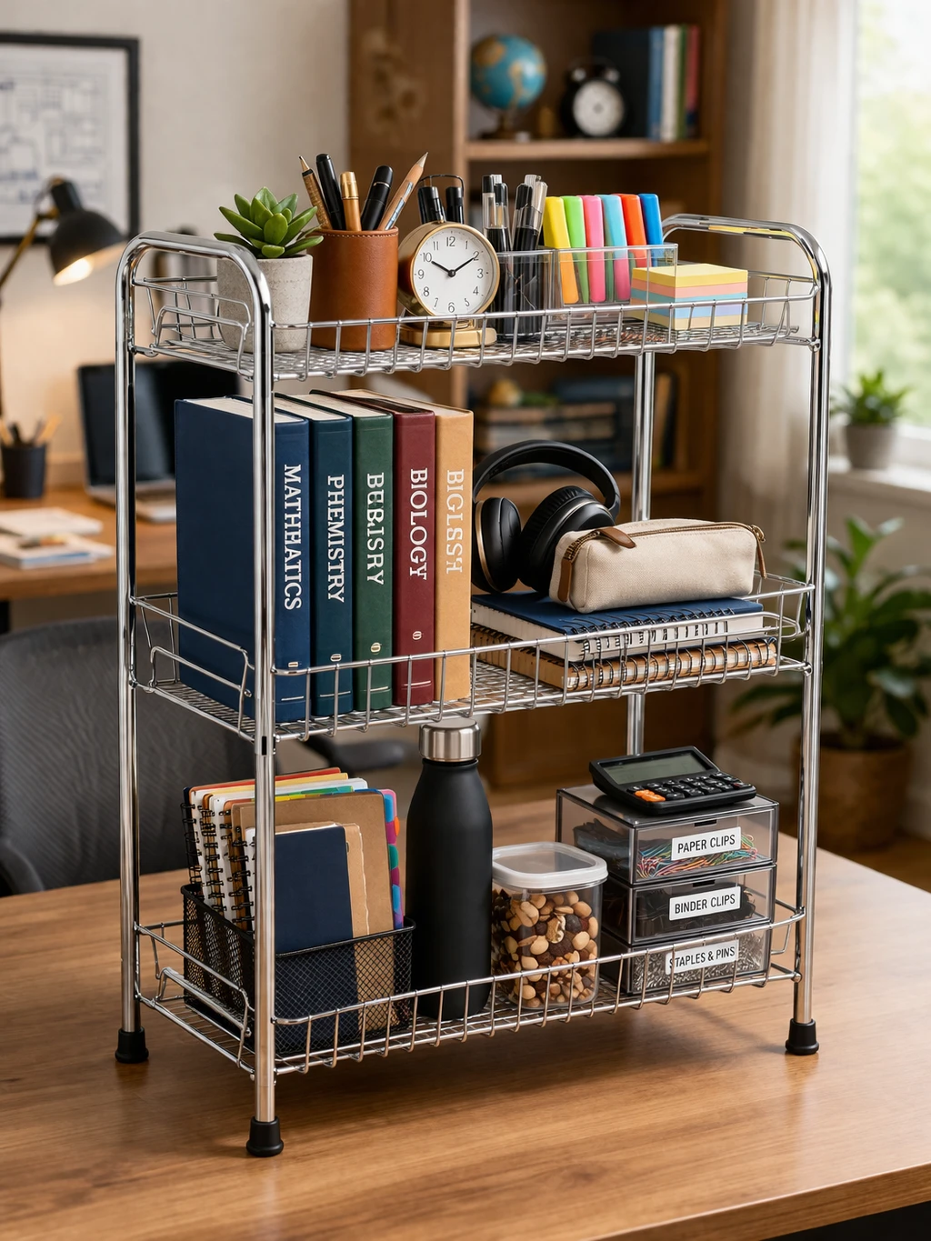 3 Tier Stainless Steel Storage Rack | Multipurpose Kitchen & Bathroom Organizer Stand | Countertop Shelf for Spices, Toiletries & Home Storage (40×20×52 cm)