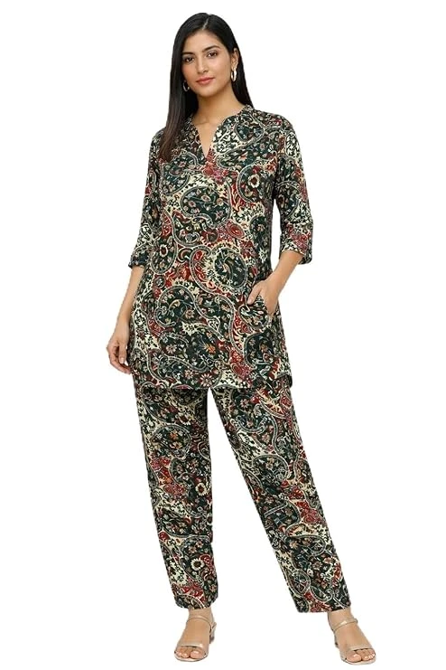 GREATECH Printed Kurta Pant Set for Women | Geometric & Floral Design | 3/4 Sleeve Straight Fit Ethnic Wear for Casual & Festive Use